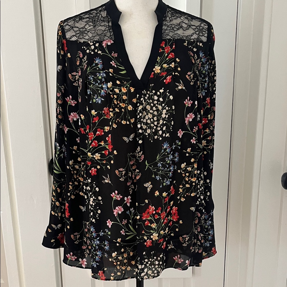 Alice + Olivia Silk Black Pink Green Lacy Inserts Long Sleeve Tunic V Neck EUC